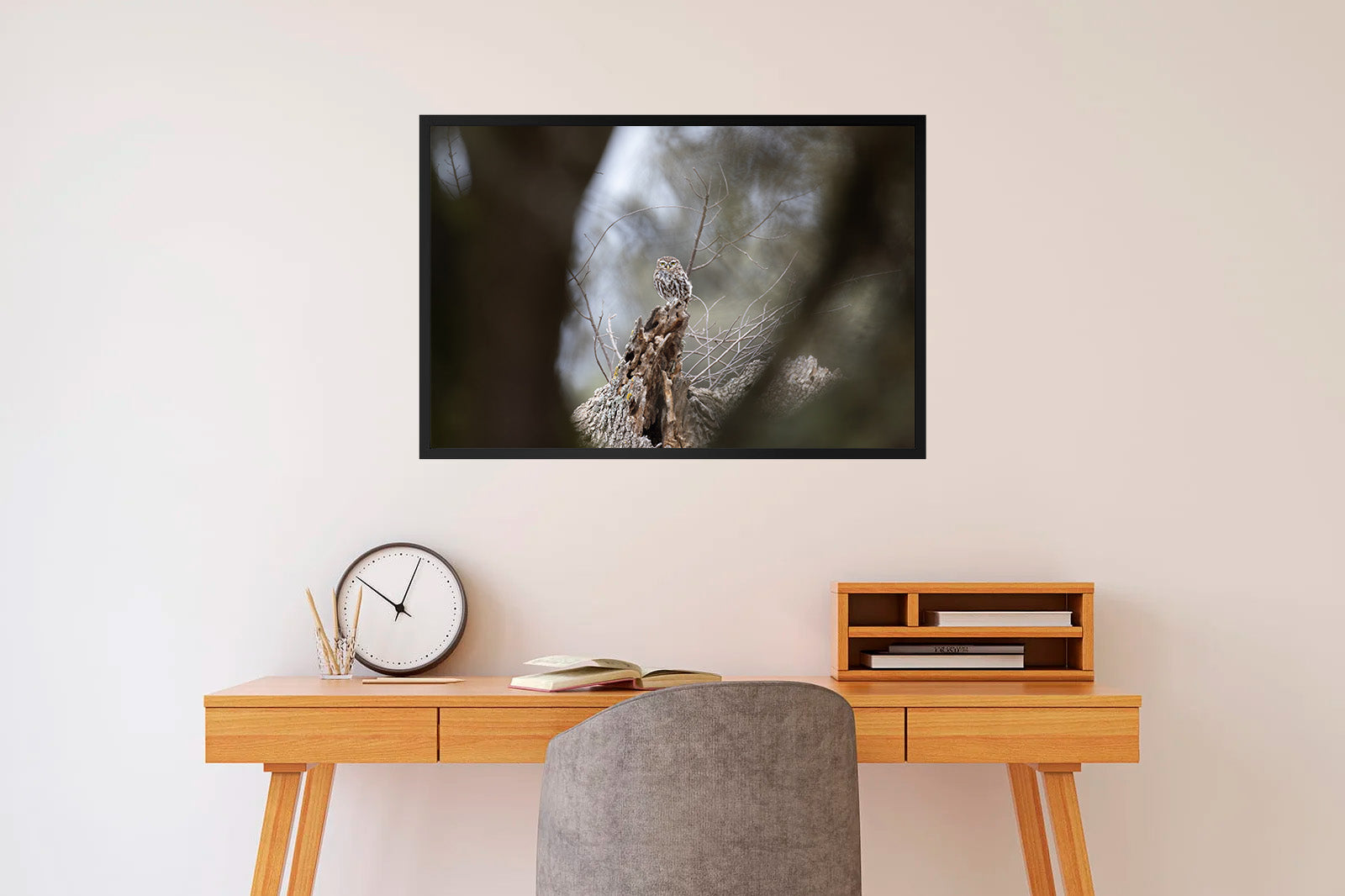 Mochuelo lejano entre ramas